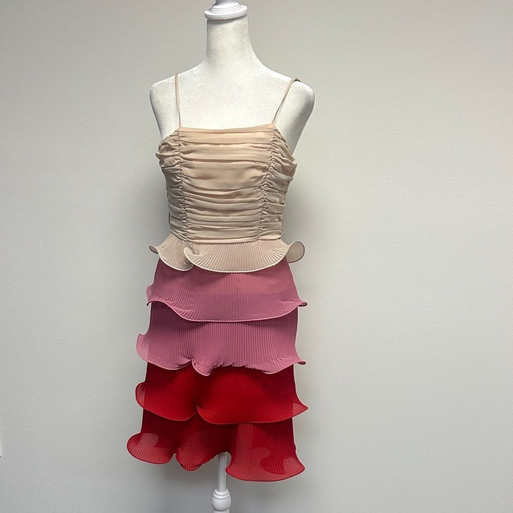 Meghan LA Tiered Ruffle Mini Dress in pink and red ombré sz 4